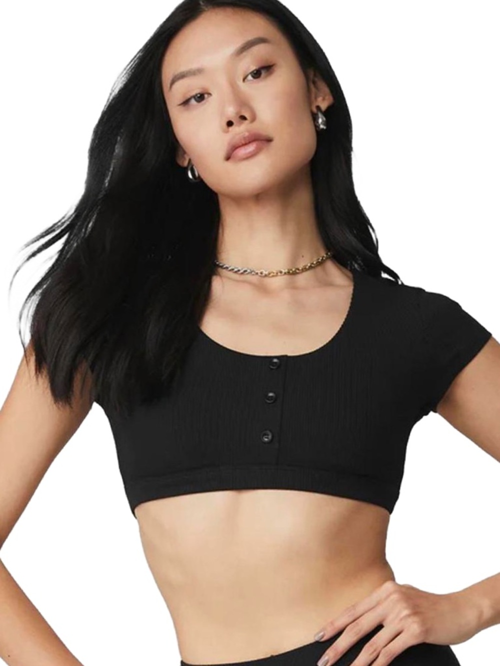 Alo Yoga Blissful Henley Ribbed Scoop Neck Black Crop Top with Button Detail
